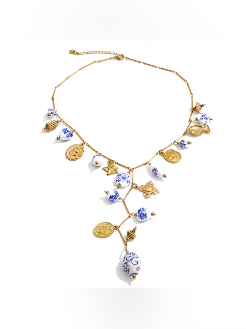 Blue & White Porcelain Charm Necklace – Gold Plated Statement Necklace - Picture 6 of 9